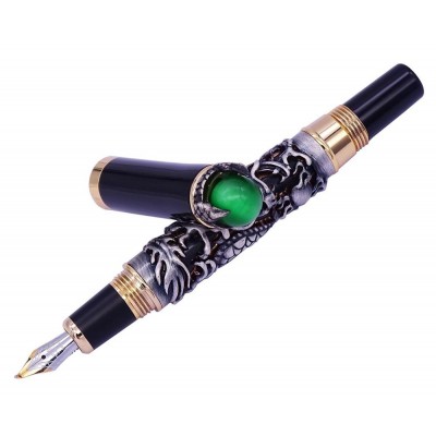 JHR-YSL Vintage Dragon King Bent Nib Metal Embossing Green Jewelry on Top luxury Fountain Pen Calligraphy Pen